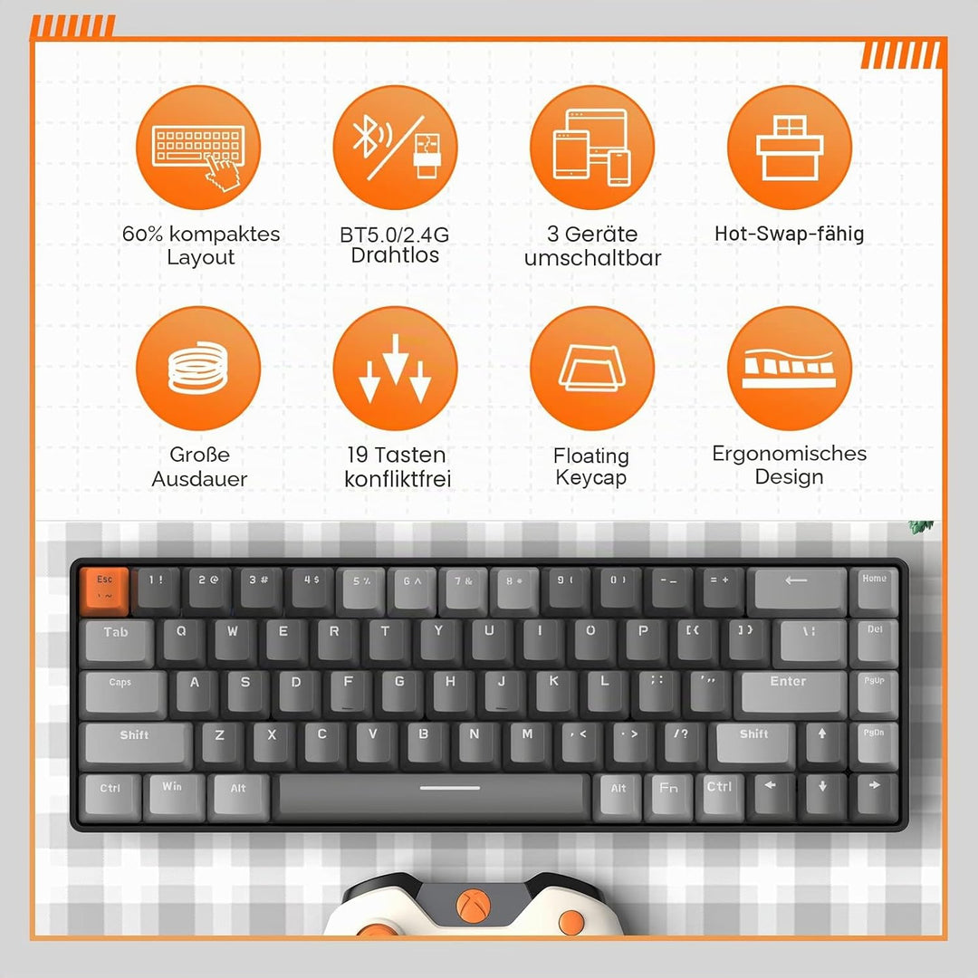YINDIAO K68 60% Kabellose Mechanische Gaming Tastatur,Bluetooth 5.0/2,4 GHz,Kompakte 68 Tasten Mini
