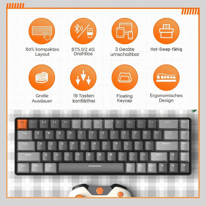 YINDIAO K68 60% Kabellose Mechanische Gaming Tastatur,Bluetooth 5.0/2,4 GHz,Kompakte 68 Tasten Mini