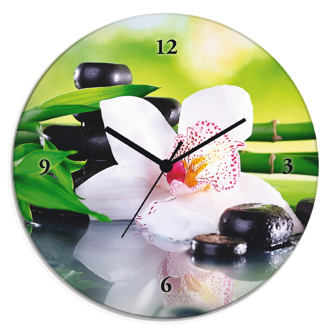 ARTLAND Wanduhr ohne Tickgeräusche Glas Quarzuhr Ø 30 cm Rund Lautlos Orchidee Zen Pflanze Spa Stein