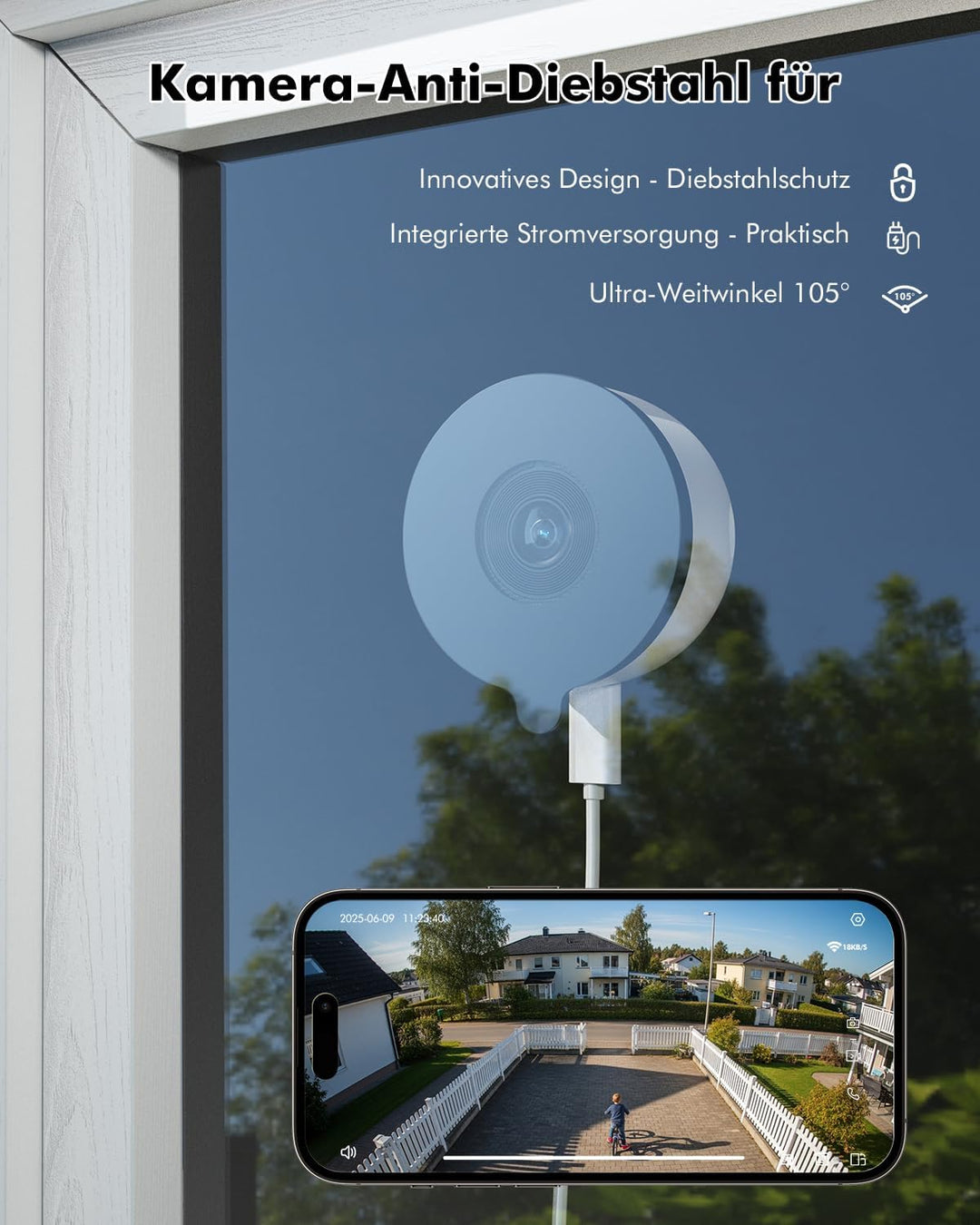 2K Fenster Überwachungskamera Innen, WLAN Kamera Indoor mit Farb-Nachtsicht, Anti-Reflex & Blendschu