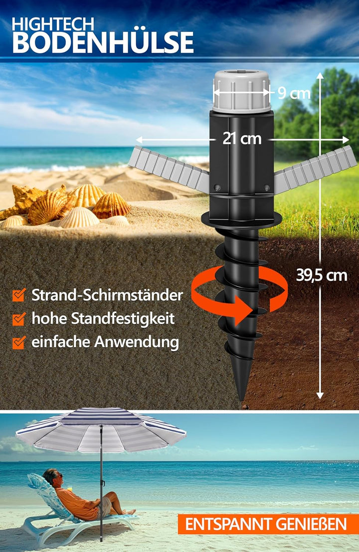 4smile Sonnenschirm Strand SunnyJoy Ø 180 cm, 3-IN-1 Set - UPF 50+ Strandschirm + Sonnenschirm Schut