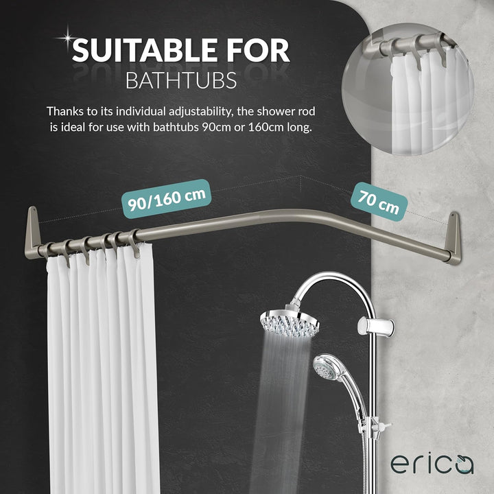 Erica Duschvorhangstange L form 70x90, 70x160 oder 90x140 cm + 24 Duschvorhangringe | Duschvorhang s
