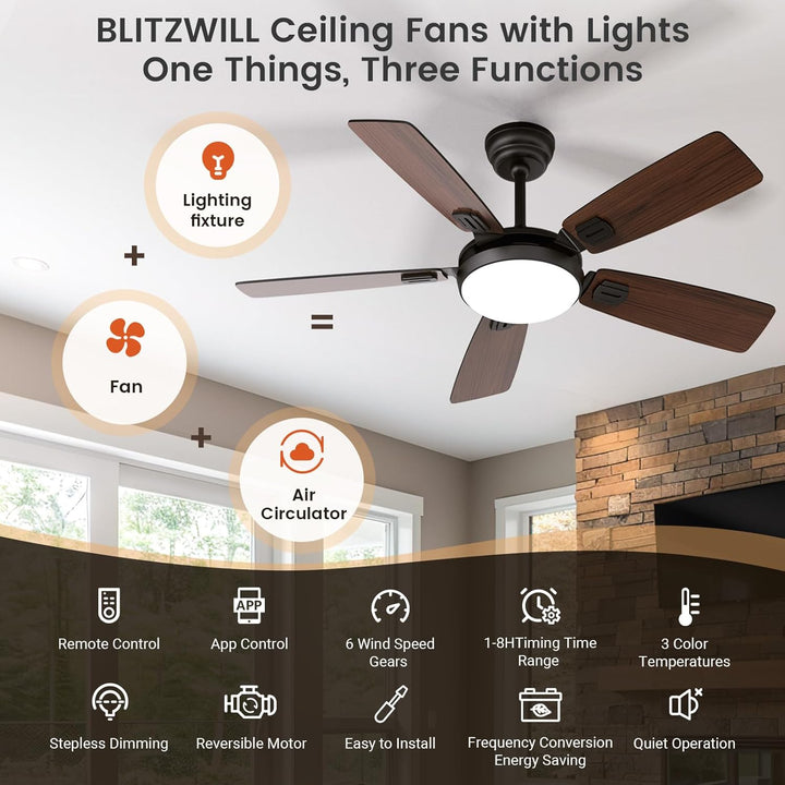 BLITZWILL Deckenventilator mit Beleuchtung, Ø132cm App Steuerung & Fernbedienung Deckenventilatoren
