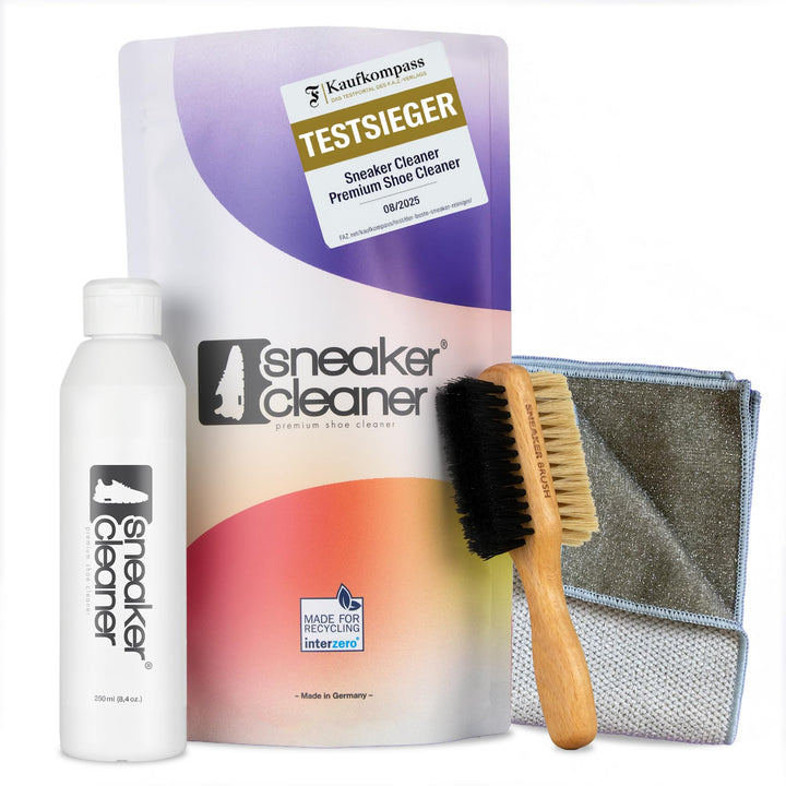 Reinigungsset für alle Schuharten. 250ml effektiver Schuh-Reiniger + beidseitiger Naturholzbürste (w