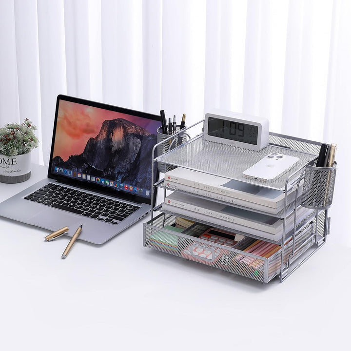 Vikmyer 4-Trays Desktop File Organizer, Mesh Office Desk Supplies Organizer Dokument Brieffachhalter