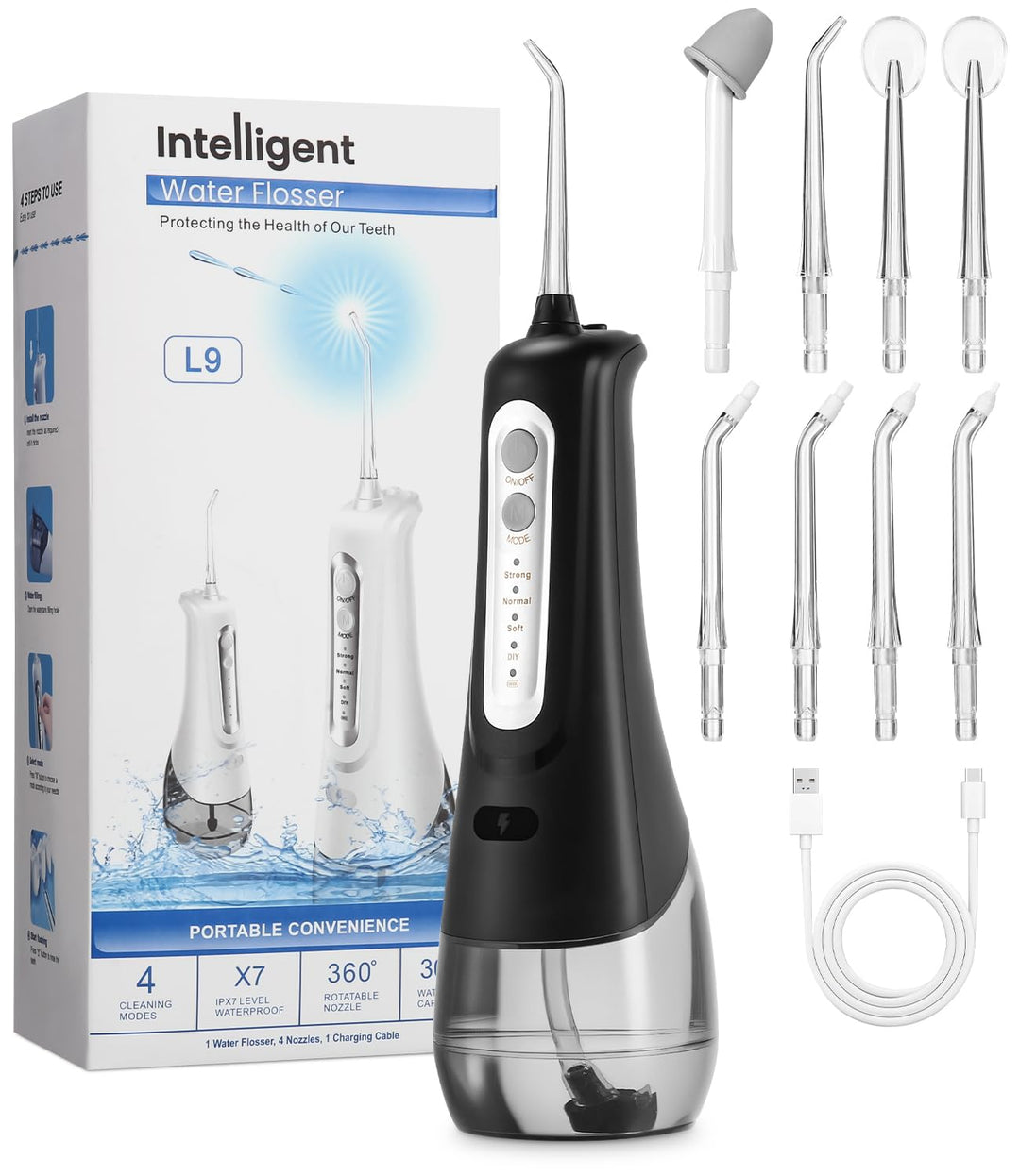 Munddusche Kabellos, Elektrischer Zahnreiniger, 4 Modi 9 Düsen USB-C Wiederaufladbare Wasser Flosser