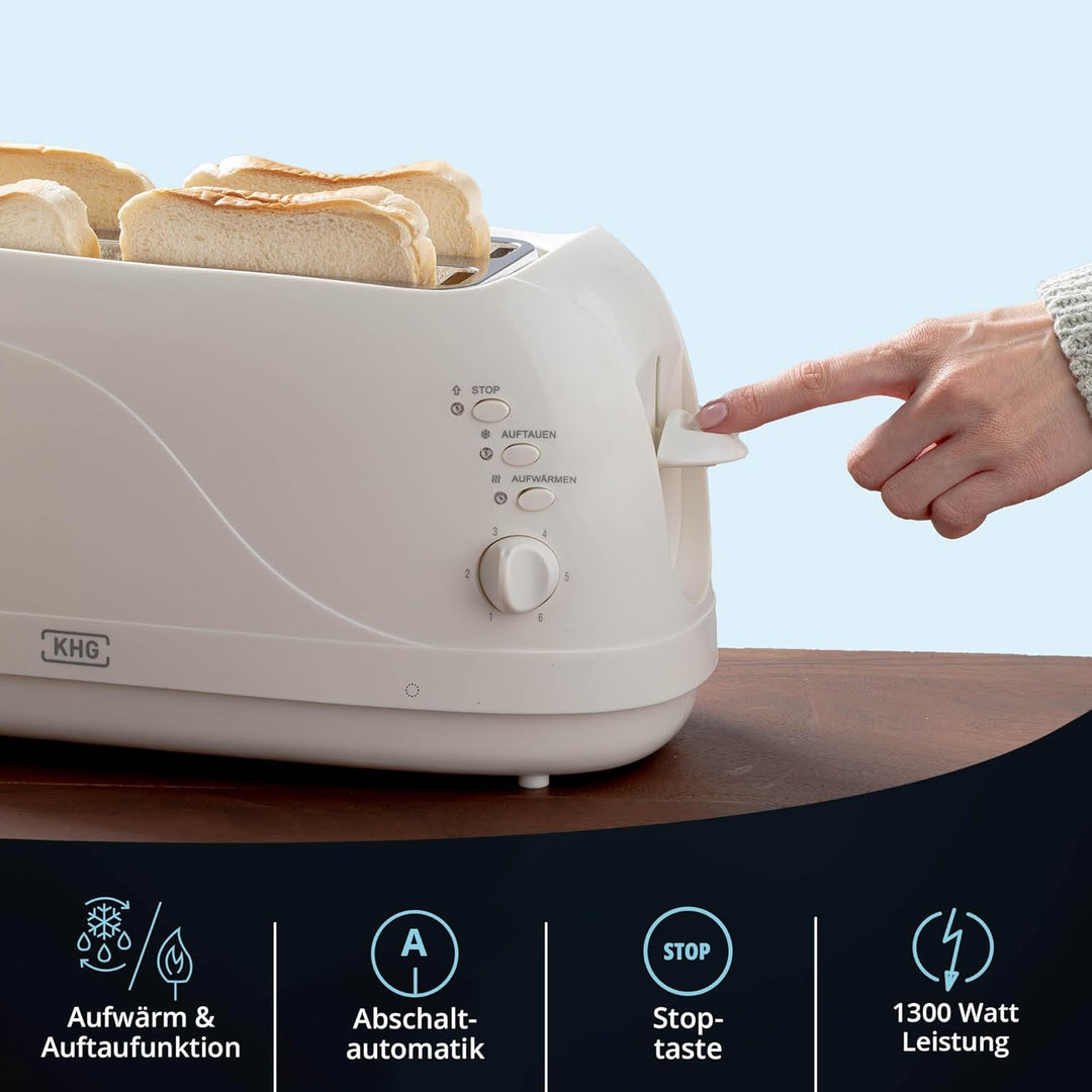KHG Frühstücksset Weiss| Toaster 4 Scheiben Langschlitztoaster mit Brötchenaufsatz, 6 Bräunungsstufe