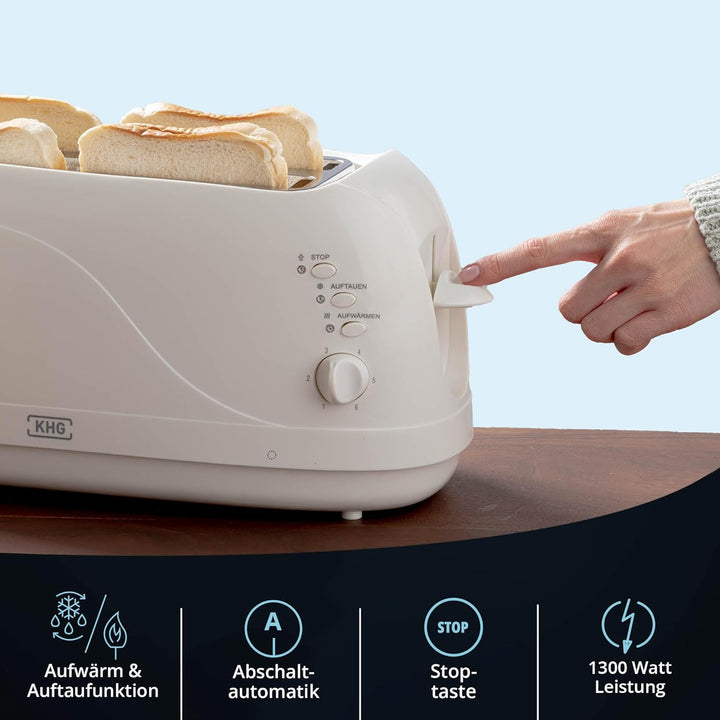 KHG Frühstücksset Weiss| Toaster 4 Scheiben Langschlitztoaster mit Brötchenaufsatz, 6 Bräunungsstufe