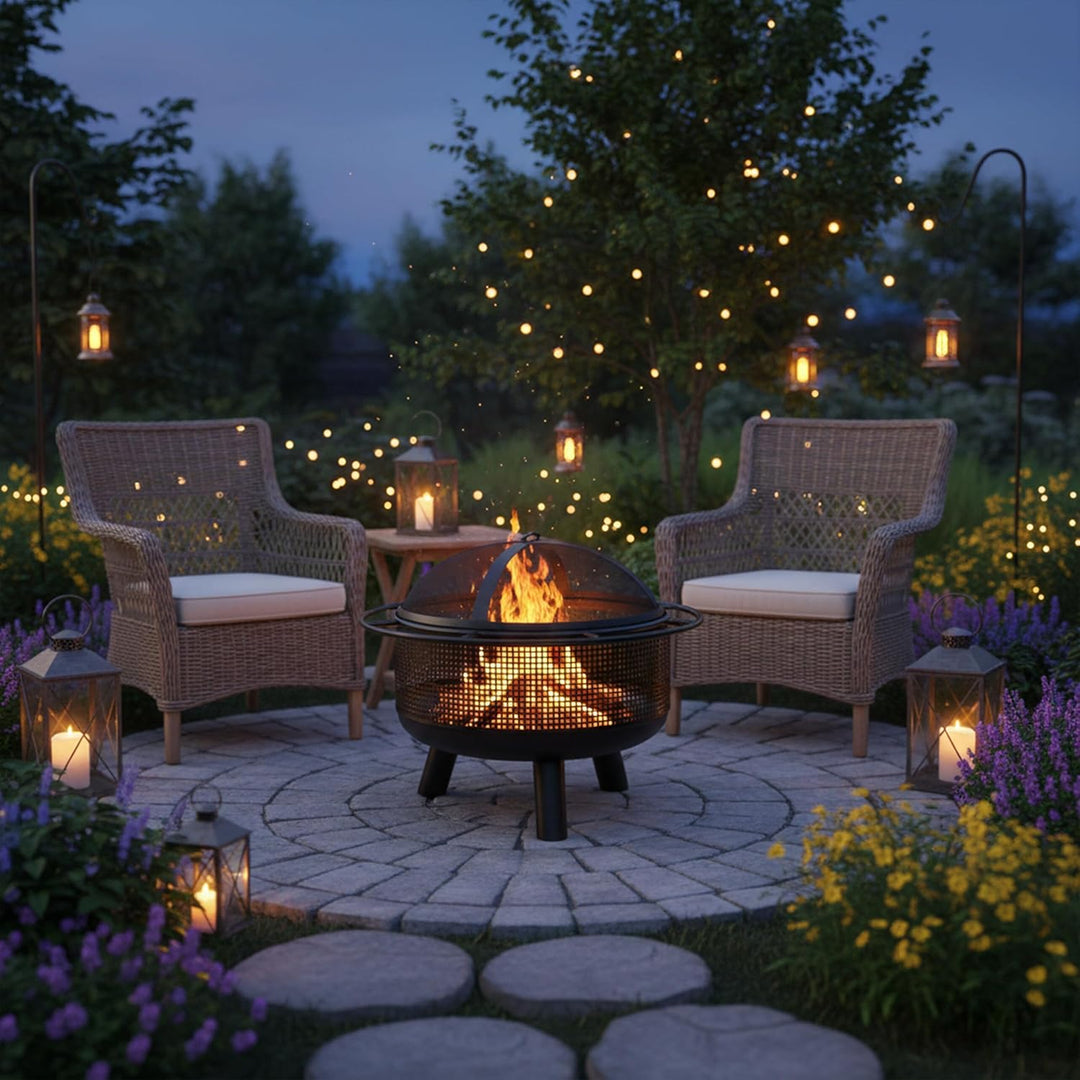 Relaxdays Feuerschale mit Funkenschutz, HD: 52x60 cm, Schürhaken, Garten & Terrasse, Outdoor Feuerst