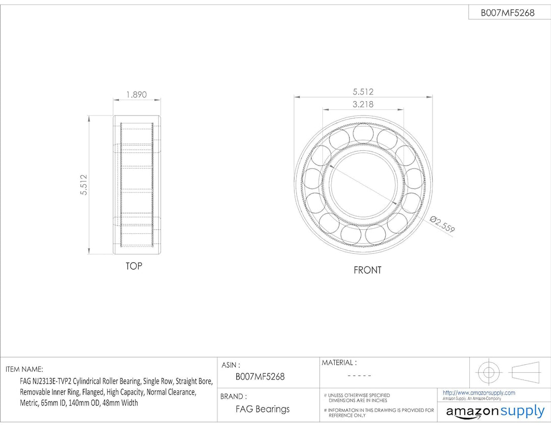FAG nj2313e-tvp2 Zylindrische Roller Bearing, einreihig, gerade Bohrung, abnehmbarer Ring, innen Fla