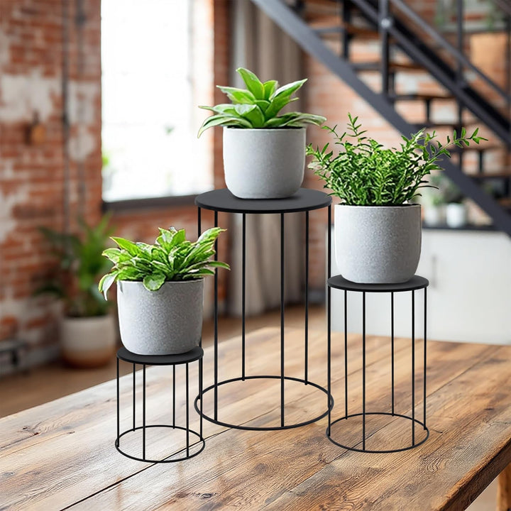 Spetebo Metall Blumenhocker 3er Set rund schwarz - 39, 29 und 19 cm - Industrial Design Pflanzenstän