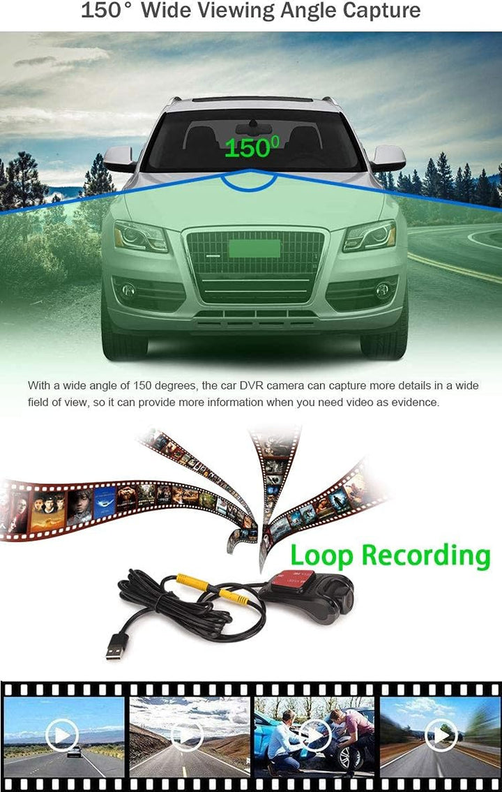 ERISIN HD 1080P 150° Weitwinkel Mini Auto Dashcamera Wasserdicht USB Dashcam Auto DVR Recorder Nacht