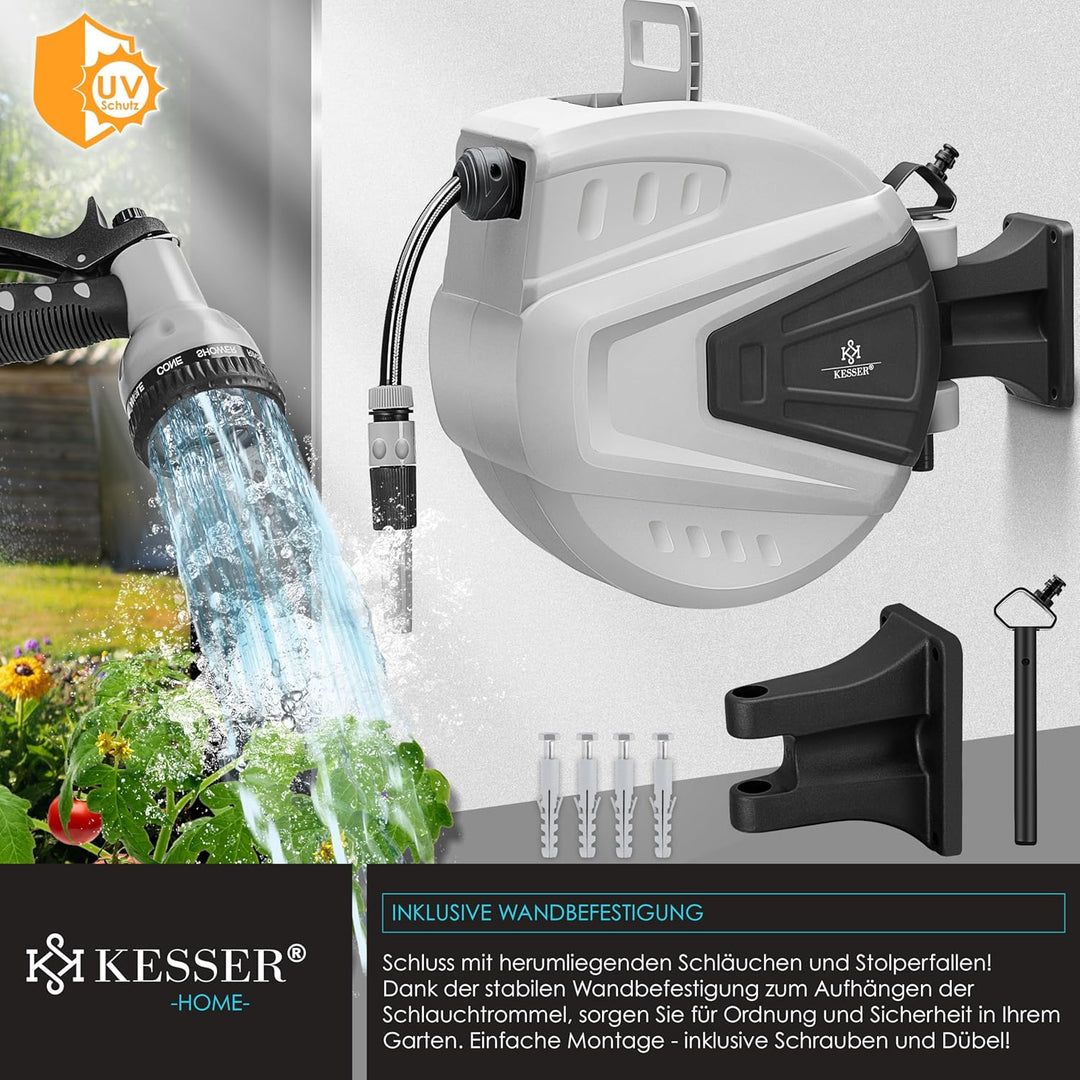 KESSER® Schlauchtrommel Wasser 15+2m Schlauchaufroller Inkl. 2-Wege-Verteiler + Multi-Handbrause Was