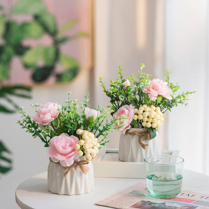 BLOSMON Kunstblumen im Topf Deko: 2 Stück Mini Rosa Künstliche Rosen Künstlich Blumen mit Vase für T