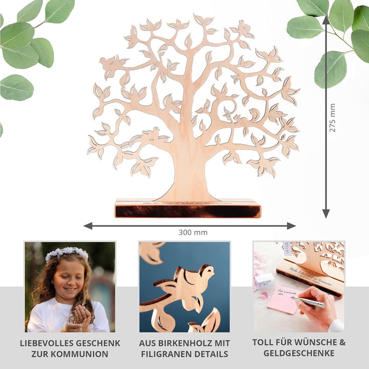 Holz Geldbaum mit Gravur, Kommunionsgeschenk, Lebensbaum Deko, DIY Verpackung für Geldgeschenke, Ges