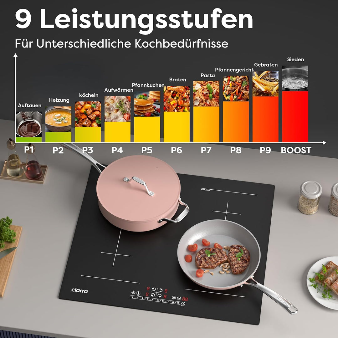 CIARRA CBBIH4BFF 4 Zonen Einbau Induktionskochfeld mit Zwei Flexzonen Power Booster Touch-Bedienung