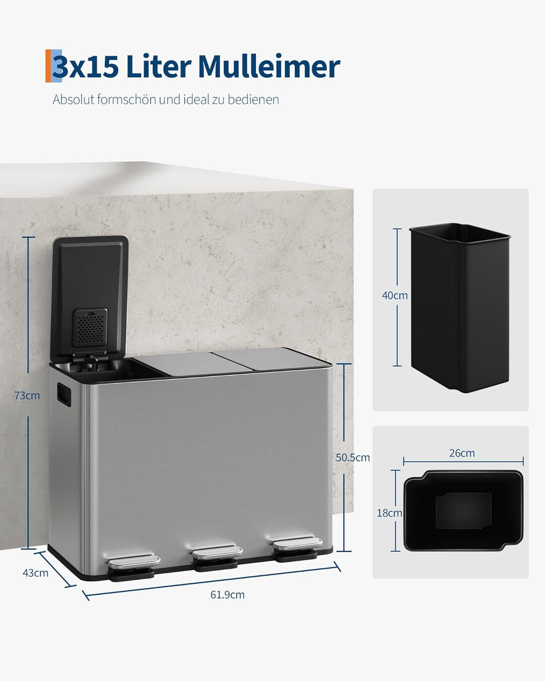 GarveeHome Mülleimer Küche, 3 x 15 L, Mülltrennsystem 3 Fächer, Edelstahl-Tretmülleimer mit Seitlich