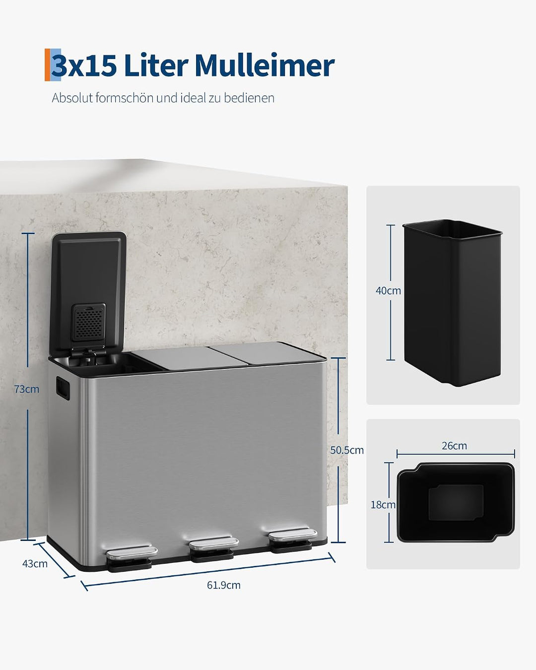 Mülleimer Küche 3 x 15 L aus Edelstahl, 3 Fächer Treteimer mit Softclose-Deckel, Abfalleimer mit Rut