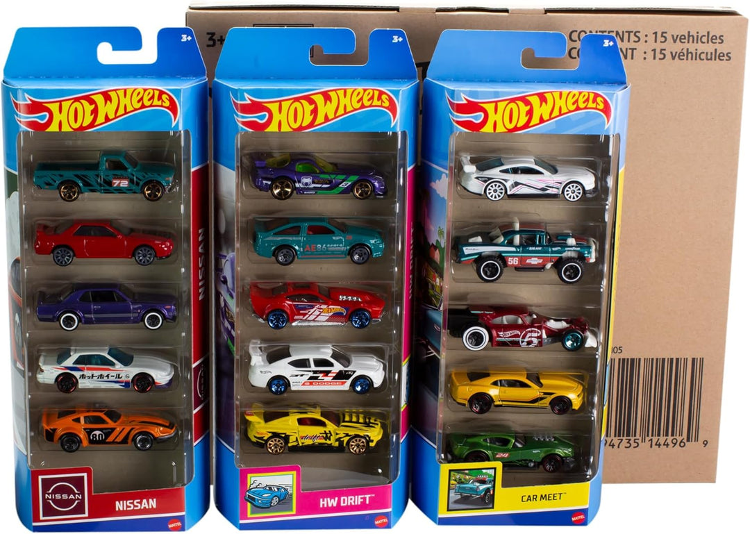 HOT WHEELS 5er-Pack-Set - 15 Spielzeugautos, 3 themenspezifische Packs, Massstab 1:64, authentische