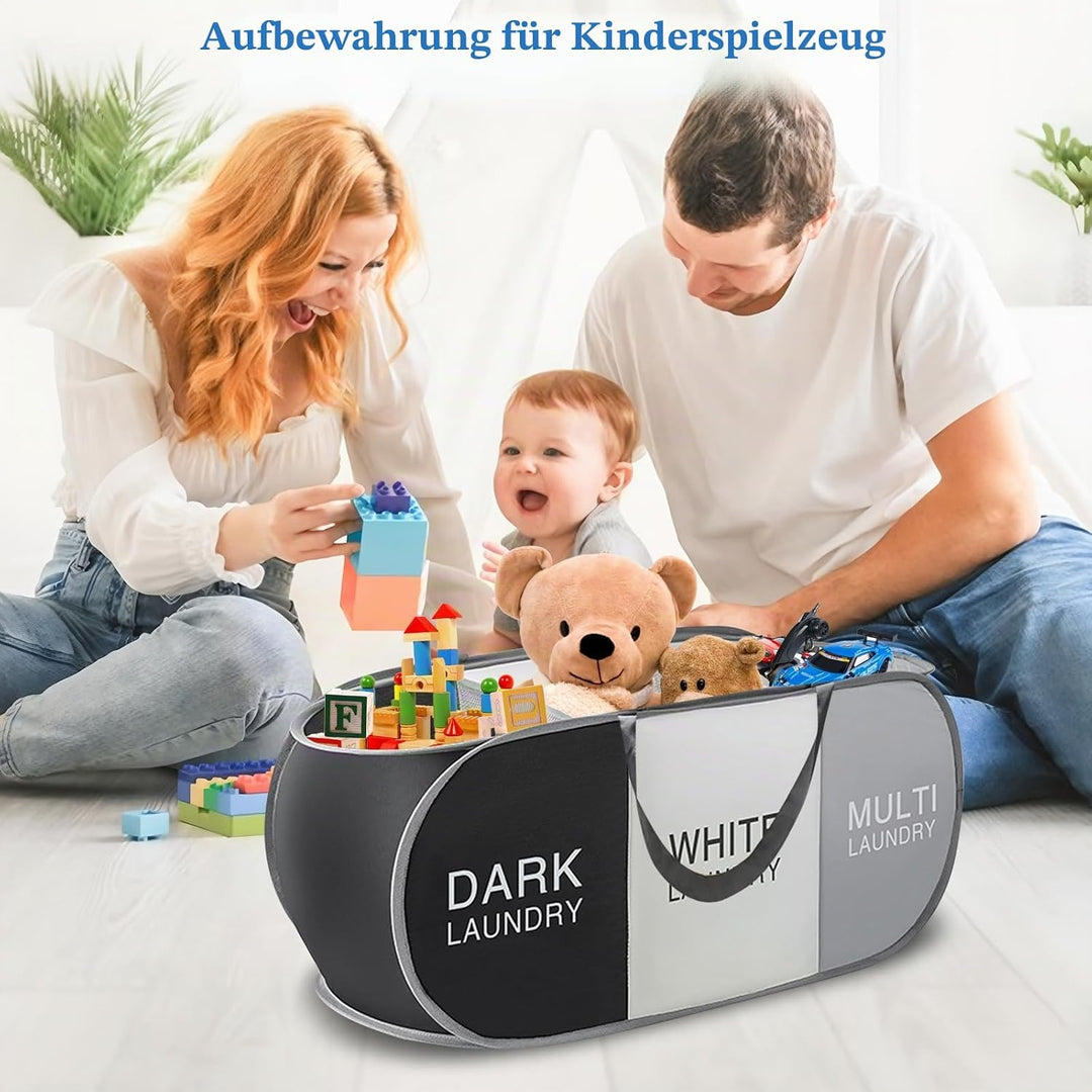 Yiomxhi Faltbar Wäschekorb mit 3 Fächer, 99L Pop Up Wäschesammler mit Henkel, Wäschetasche Gross Kla