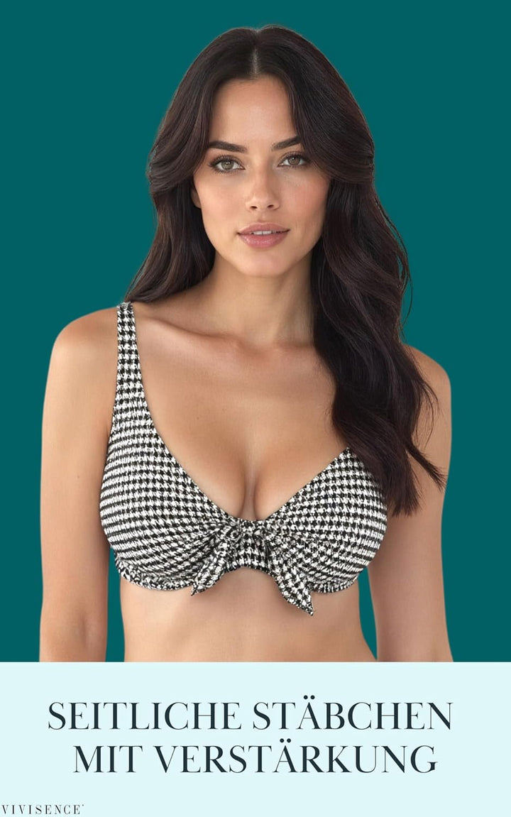 VIVISENCE Bikini BH Dame Bademode Soft Cups Gestreift Regulierbar EU 3203 75G Beige-schwarz, 75G Bei