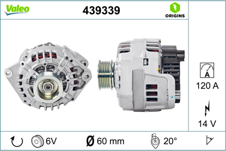 VALEO 439339 Generator Ladestrom des Generators: 120 Amp Rippen: 6 rippen Riemenscheibe Ø: 60 mm Spa