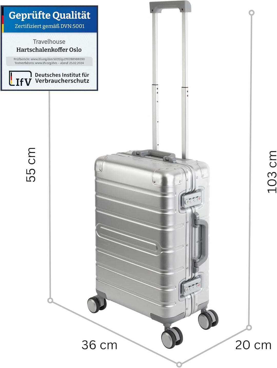 Travelhouse Oslo Alu Reisekoffer Silber Bordkoffer Hartschalenkoffer Reisegepäck Reisetrolley Trolle