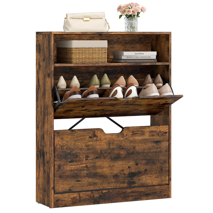 VASAGLE Schuhschrank 2 Klappen, Schuhkipper, Schuhregal, Schuhaufbewahrung, offenes Fach, Trennwand