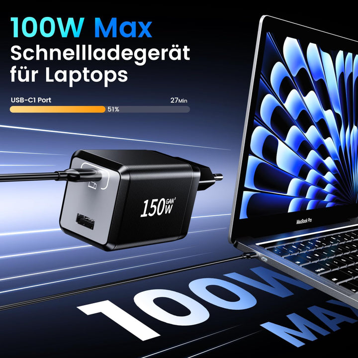 150W USB C Ladegerät, 2-Port Schnellladegerät PD Fast Charger, USB C Stecker kompatibel mit MacBook