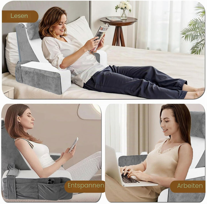 Gross lesekissen für Bett und Sofa, Erwachsene Rückenkissen Bett mit Nackenrolle &amp; Armlehnen, Ergono