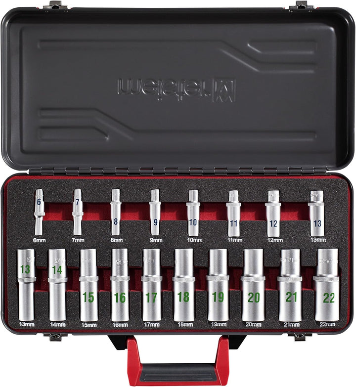 Meister Steckschlüssel-Satz 18-teilig - 1/2 + 1/4 Zoll Antrieb - Extra lange Einsätze - Grosse Ziffe