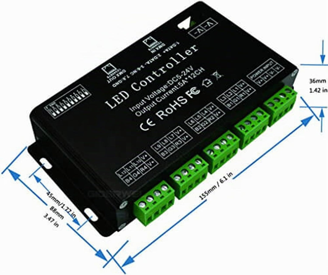 12 Kanal DMX Decoder,DMX512 Decoder RGB LED Controller 60A PWM DMX512 Dimmertreiber für RGB LED Stre