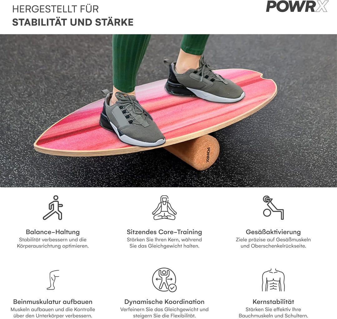 POWRX Surf Balance Board Holz/Balance Skateboard inkl. Rolle | Koordinationstraining für Surfbrett,