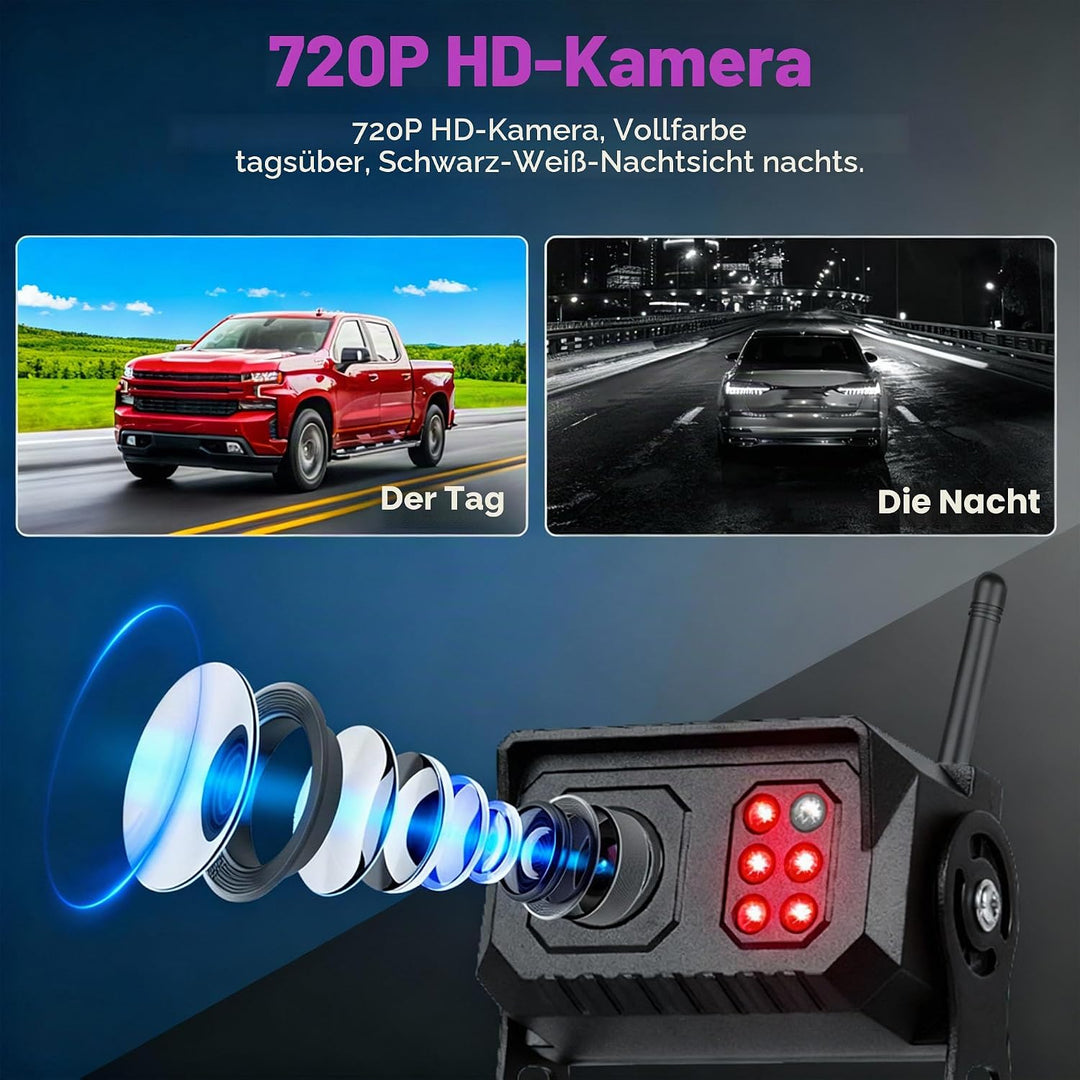 SIXWIN Kabelloses Rückfahrkamera-Set, 7 Zoll Touchscreen Monitor mit 1 IP68 Kabelloser Rückfahrkamer