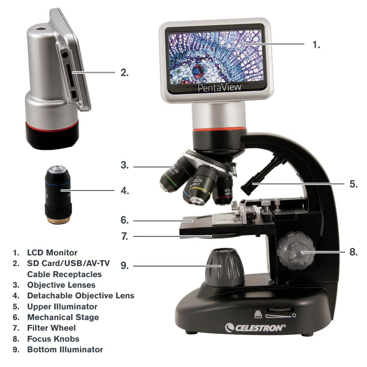 Celestron 44348 PentaView LCD Digitalmikroskop, 40- bis 60-fache Vergrösserung, Schwarz/Silber Penta