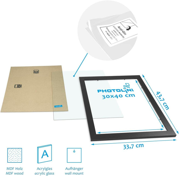 PHOTOLINI Bilderrahmen 30x40 Schwarz Holz MDF, 3er Set breite Rahmen 30x40 Schwarz mit Acrylglas, pi
