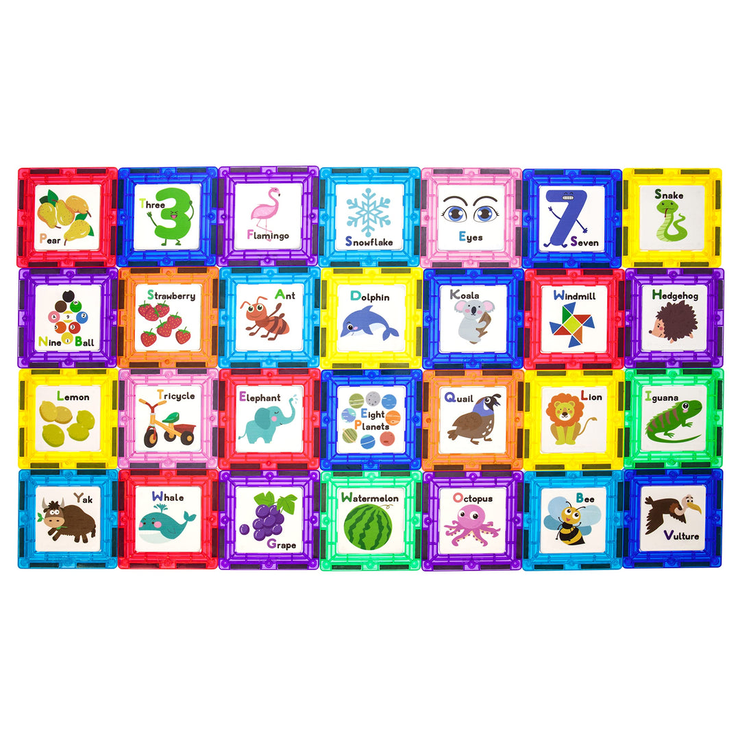 PicassoTiles Magnetische Bausteine mit Kacheln und pädagogischen Grafiken zum Einklicken, Magnet-K