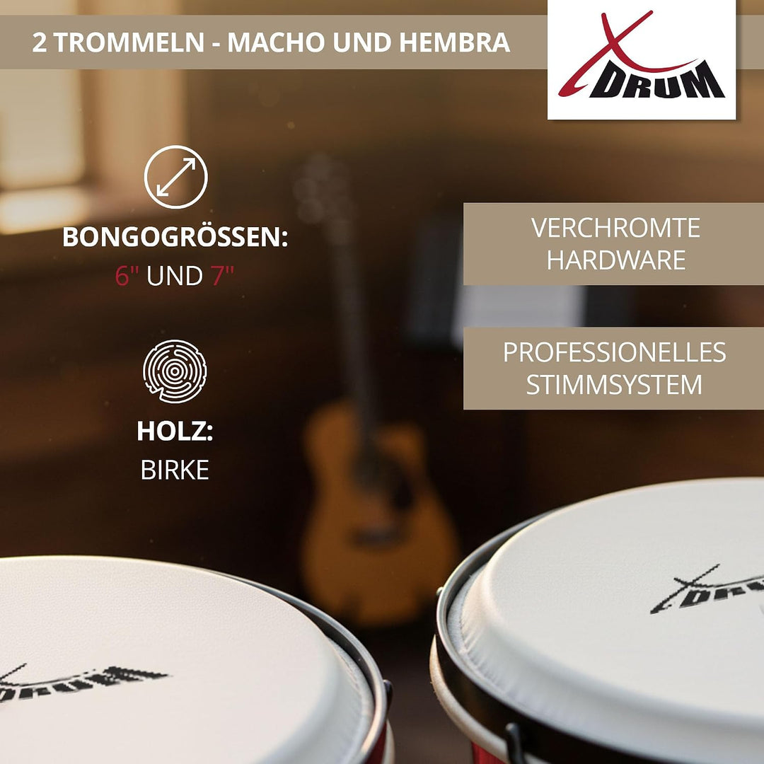 XDrum Bongos Club Set - 6" Macho und 7" Hembra - Naturfelle - professionelles Stimmsystem - Schwarz