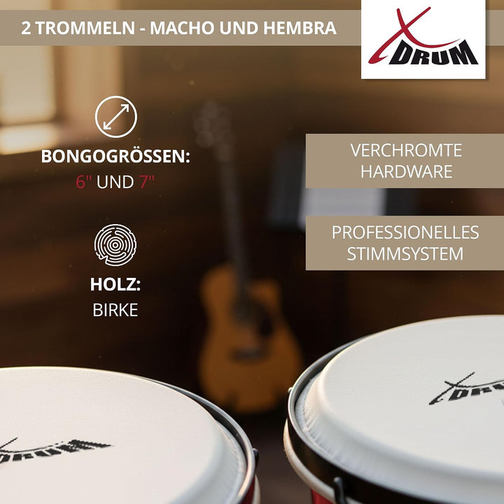 XDrum Bongos Club Set - 6" Macho und 7" Hembra - Naturfelle - professionelles Stimmsystem - Schwarz