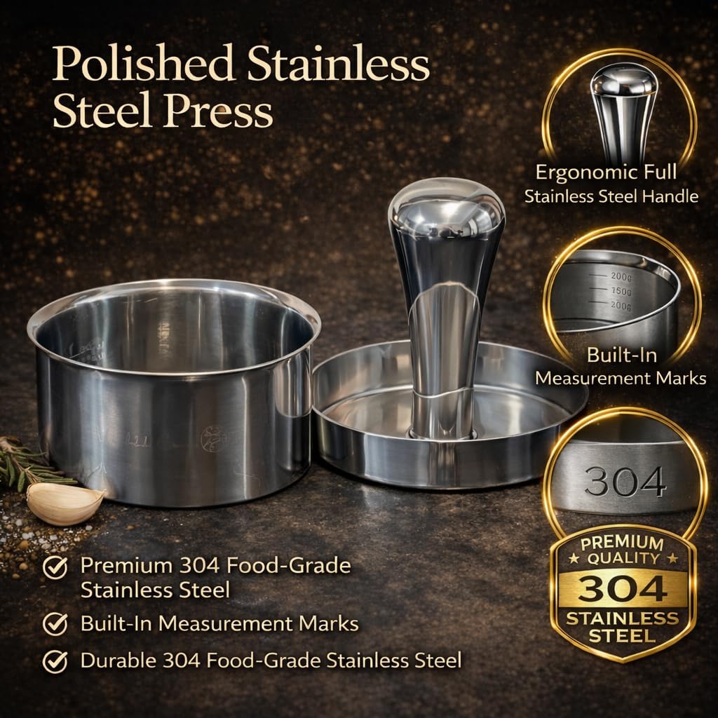Stainless Steel Burger Press & Meat Patty Maker, Heavy Duty One-Piece Design, Non-Stick Round Hambur