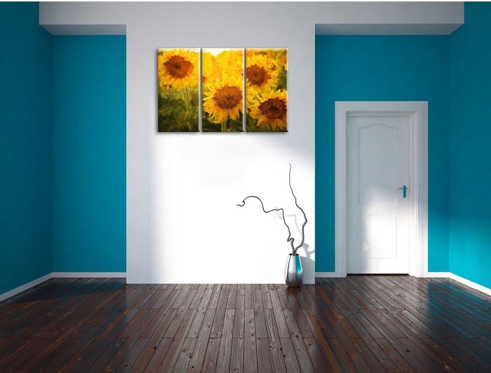 Pixxprint Sonnenblumen auf dem Feld Kunst als Leinwandbild/Grösse: 3 Teilig (120x80 cm) cm/Wandbild/