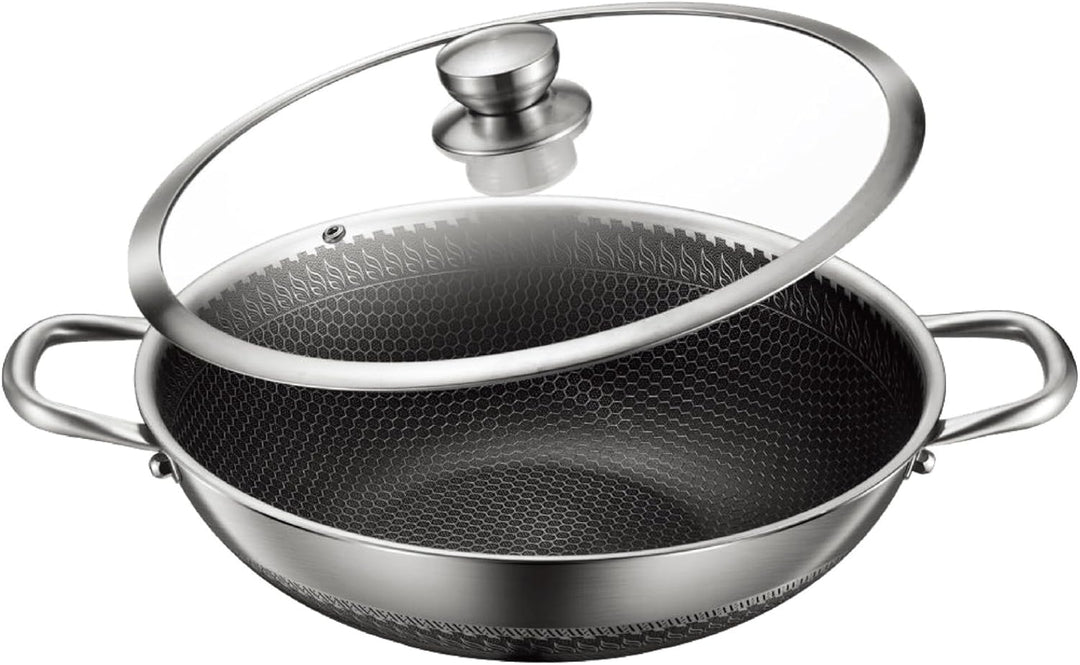 Wok Topf Edelstahl Wabenstruktur Ø36cm Induktion Anti Haft Kratzfest in Silber