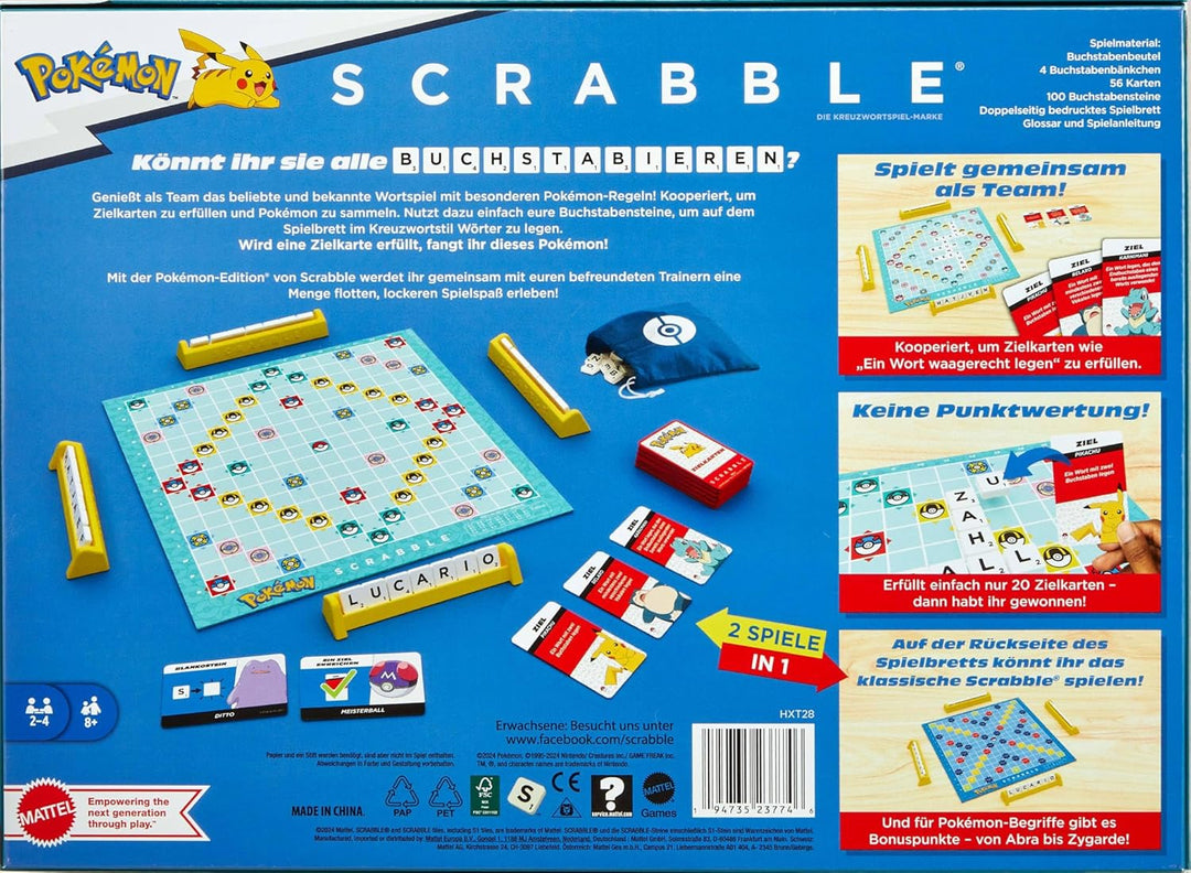 Mattel Games Scrabble Pokémon-Brettspiel, Familienwortspiel mit Zwei Spielmöglichkeiten, enthält 50