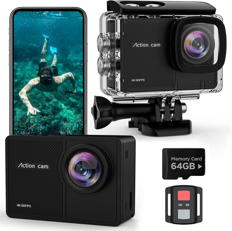 TIMNUT 4K 60FPS Action Cam, Unterwasserkamera mit 64G SD Karte 48MP HD WiFi Kamera mit EIS 40M Wasse