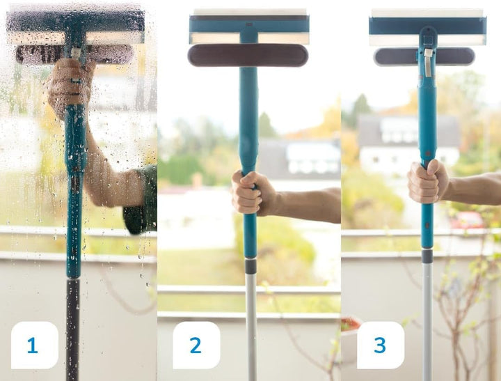Livington Window Buddy - Fensterabzieher mit Teleskopstange - 3in1 Fensterputzer Set mit Sprühfunkti