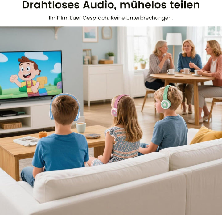 SIMOLIO 2-Pack KidyCast Kinder-Funkkopfhörer mit Mikrofon, Bluetooth AuraCast – Eine Quelle, Mehrere