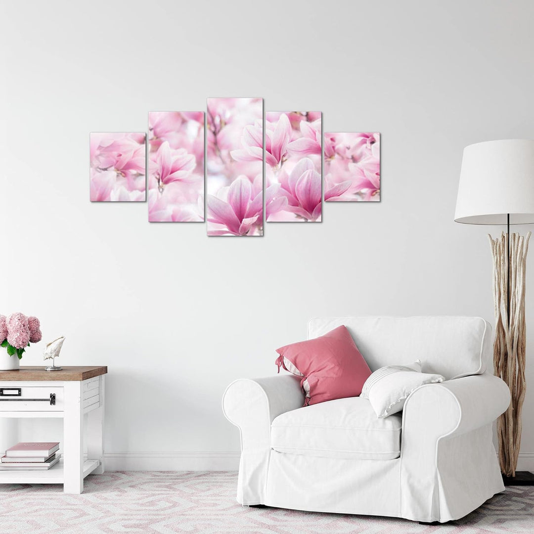 Runa Art Wandbilder Blumen Magnolien 5 Teilig Bild auf Vlies Leinwand Deko Wohnzimmer Blumenmotiv Ro