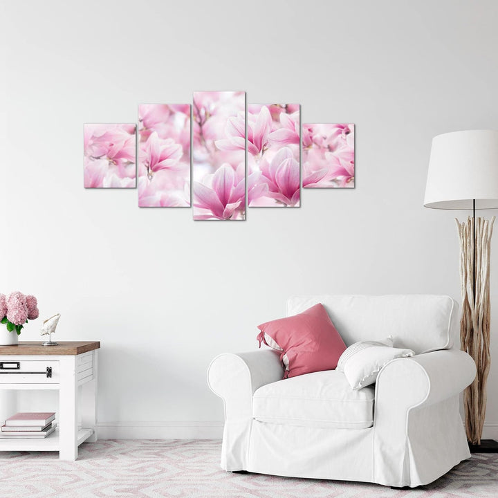 Runa Art Wandbilder Blumen Magnolien 5 Teilig Bild auf Vlies Leinwand Deko Wohnzimmer Blumenmotiv Ro