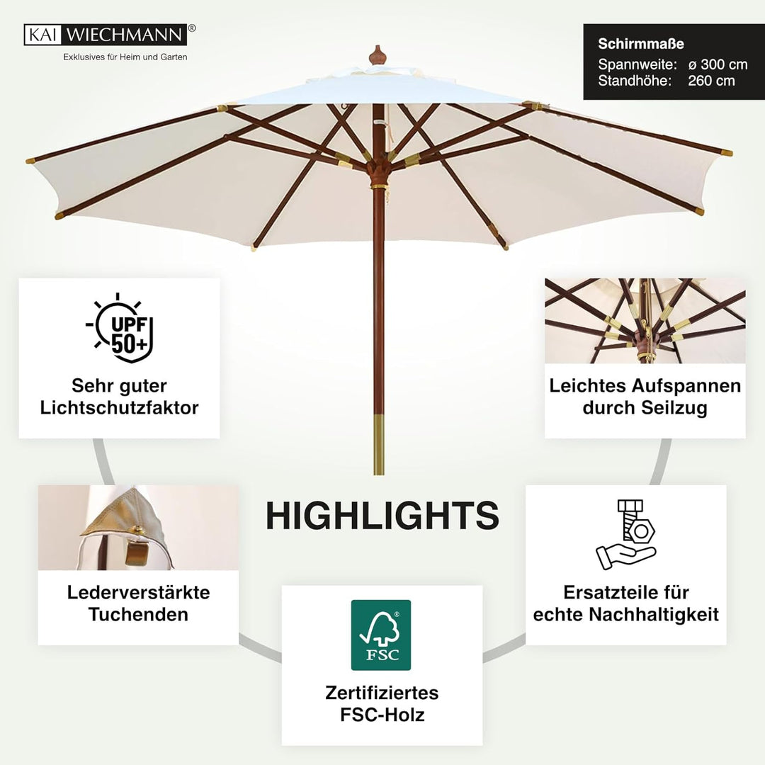 Kai Wiechmann Sonnenschirm 300 cm edel Windauslass UV-Schutz 50+ Naturweiss, Naturweiß