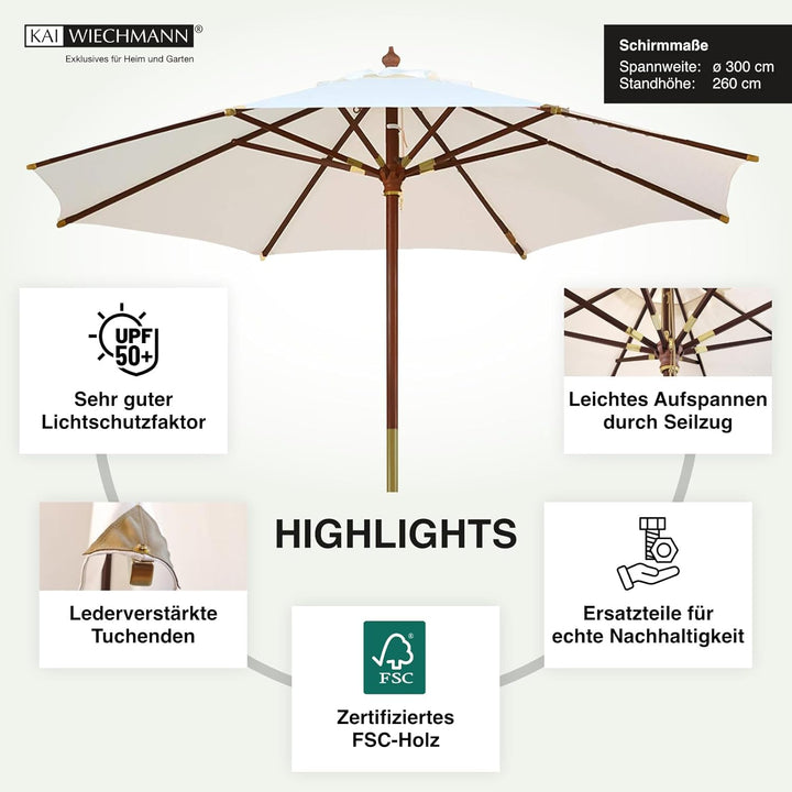 Kai Wiechmann Sonnenschirm 300 cm edel Windauslass UV-Schutz 50+ Naturweiss, Naturweiß